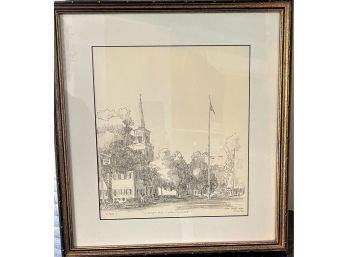 Numbered 10/200 & Signed Robert LeDoux-Fine Pencil Sketch 'Liberty Pole' Newtown CT 1992