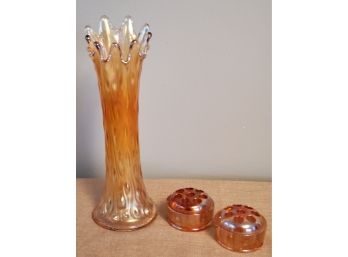 Vintage Marigold Carnival Glass Swing Vase & Two Flower Flogs
