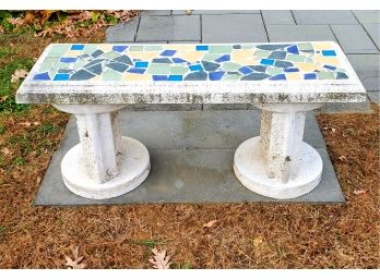 Three Piece Cast Cement Garden Bench With Colorful Mosaic Bench Seat