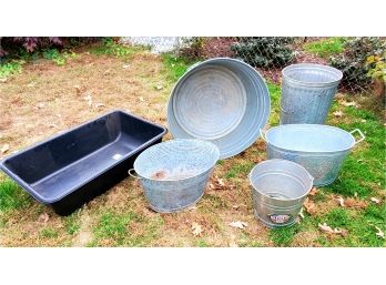 Lot Of Galvanized & Rubber Containers - Lawn, Garden & Entertaining