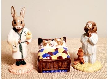 Three Cute Vintage Royal Doulton Bunnykins Porcelain Figurines-bedtime, Sleeptime & Bath Time