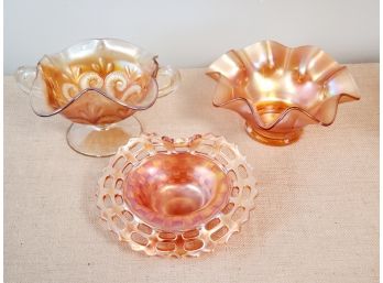 Pretty Assortment Of Vintage Marigold Carnival Glass Candy Dishes