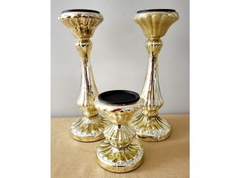 Trio Of Gold Mercury Glass Pillar Candle Holders