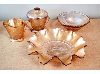 Vintage Marigold Carnival Glass - Fenton Tulips Bowl, Footed Bowl & Jeanette Louisa Sugar & Creamer