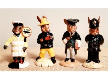 Four Vintage Bunnykins Royal Doulton Porcelain Figurines-Lollipopman, Fireman, Schoolmaster & Policeman