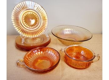 Pretty Assortment Of Vintage Marigold Carnival Glass Plates & Bowls