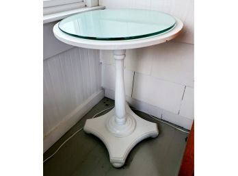 Vintage Painted Wood White Pedestal Table With Rotating Top With Glass