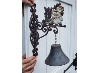 Cast Iron Painted Hummingbird & Floral Decorated Wall Mount Bell