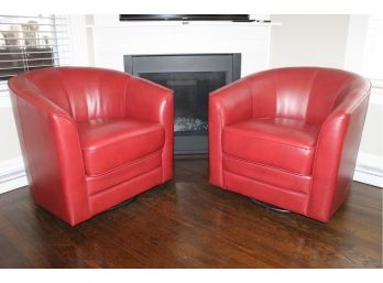 Great Pair Of Red Leather Swivel Club Chairs By Emerald Home Furnishings