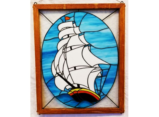 Large Vintage Framed Stained Glass Sailboat Wall Hanging