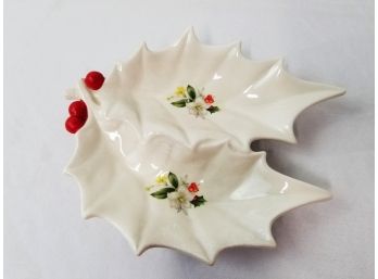 Vintage White Holly & Berries Double Leaf Ceramic Christmas Candy Dish