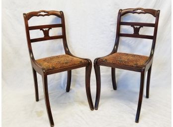 Two Vintage Carved Wood Back Padded Dining Chairs