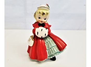Vintage 1956 NAPCO Ceramic Christmas Girl With Muff & Purse