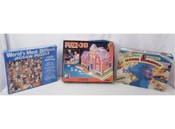 Three Vintage Puzzles & Games: 3D Puzzle, World's Most Difficult Jigsaw Puzzle & Where Is Carmen Sandiego