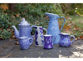 Group Of Ceramic Blue & White Spatter Painted Piieces