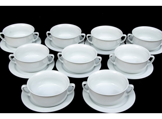 Williams Sonoma ESSENTIAL WHITE Double Handle Flat Cream Soup Bowls And Saucers