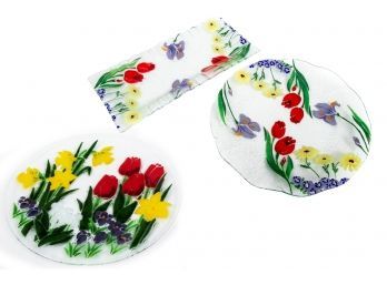 Trio Of Floral Fused Glassware