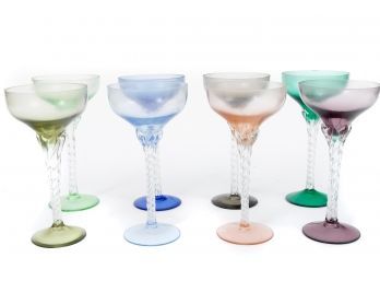 Set Of Eight Multicolored Twisted Stem Glass Coupes