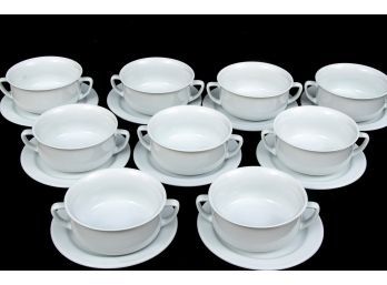 Williams Sonoma ESSENTIAL WHITE Double Handle Flat Cream Soup Bowls And Saucers
