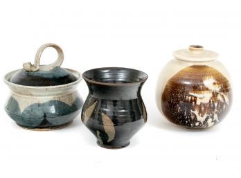 Trio Of Stoneware Glazed Pottery