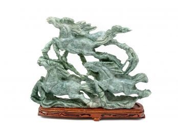 Hand Carved Stone Running Horses Sculpture