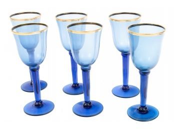 Set Of Six Gold Rim Blue Flute Glasses