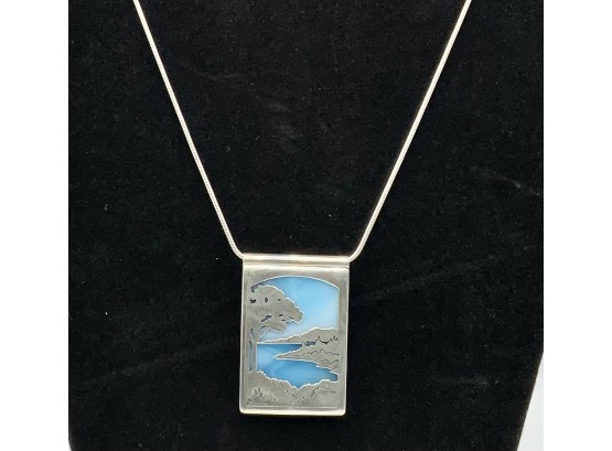 Gorgeous Sterling Pendant W/sterling Chain ~ Sterling Scene Silhouette ~