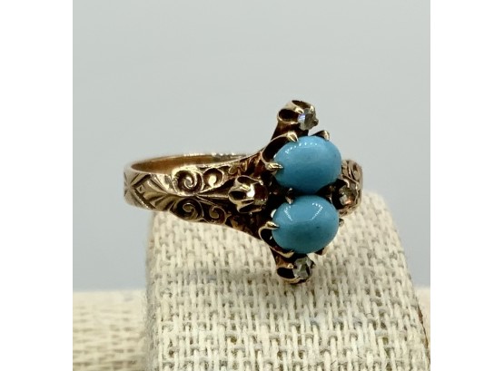 Antique Ring 14 KT W/turquoise & White Sapphires ~ Size 6 ~