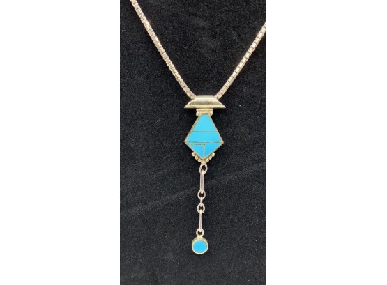 Gorgeous Sterling Necklace W/turquoise Drop Pendant