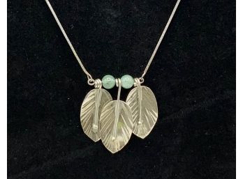 Sterling Necklace W/triple Feathers & Jade Stones