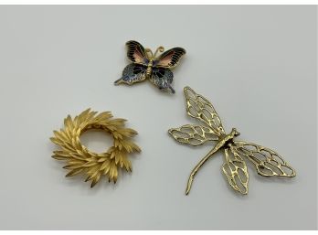 3 Brooches ~ Butterfly, Dragonfly & Circle ~