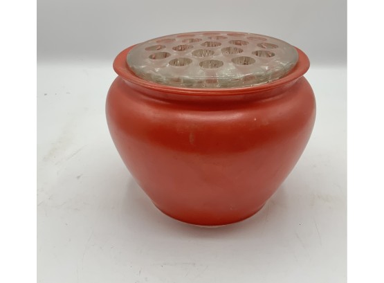 Vintage Red Glass Pot W/flower Frog