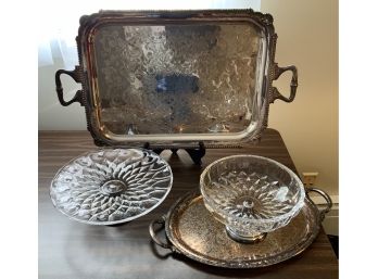 2 Silver Plate Trays & Val St Lambert Bowl & Pedestal Cake Plate