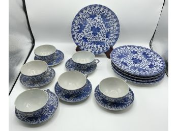 Blue & White Plates W/cups & Saucers