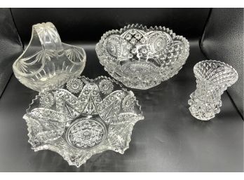 4 Pc Glass Lot ~ Bowls, Basket & More ~