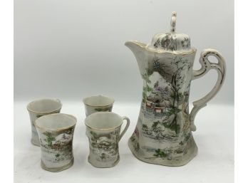 Vintage Asian Chocolate Pot & 4 Cups