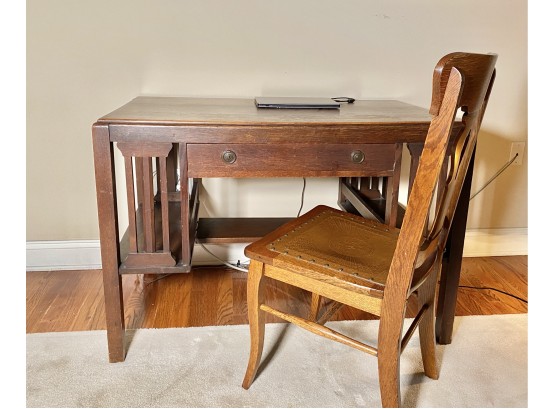 Antique Oak Arts & Crafts Mission Flat Desk And Chair