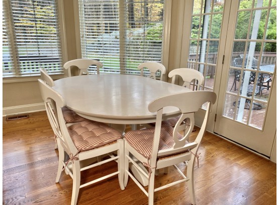 Pottery Barn White Pedestal Dining Table & Six Napoleon Chairs