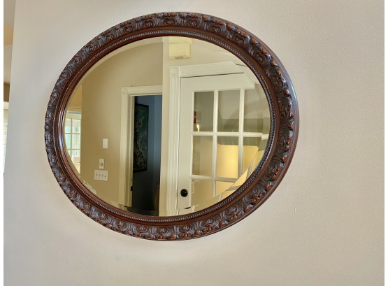 Oval Mahogany Wood Carved Beveled Mirror