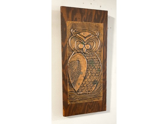 Vintage Copper Owl Art On Wood