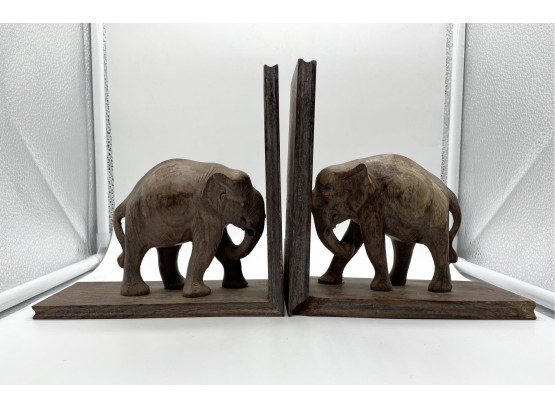 Hand Carved Wooden Elephant Bookends