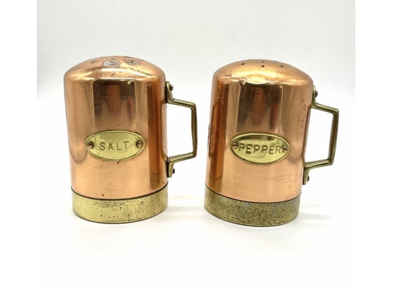 Pair Of Copper & Brass Salt & Pepper Shakers From Portugal Marked Metalutil