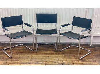 Lot Of Three Mid Century Leather Chairs - Note Paint Marks On Leather