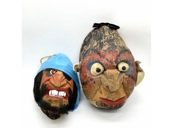 Pair Of Hand Carved & Painted Coconut Heads