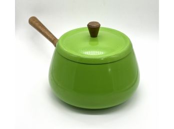 Green Enameled Metal Pot With Wooden Handle