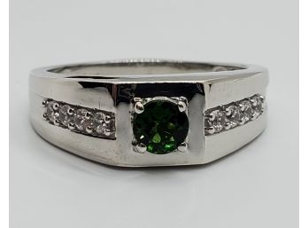 Natural Chrome Diopside & Zircon Ring In Platinum Over Sterling
