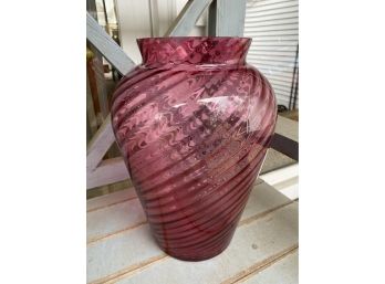 Vintage Cranberry Glass Vase: Tall, Swirled Urn