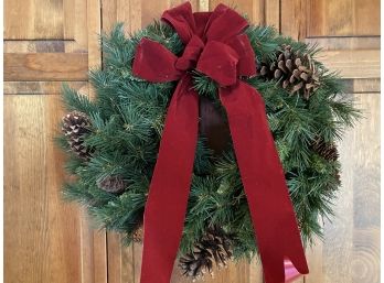 Classic Evergreen & Pinecone Wreath, Crimson Bow