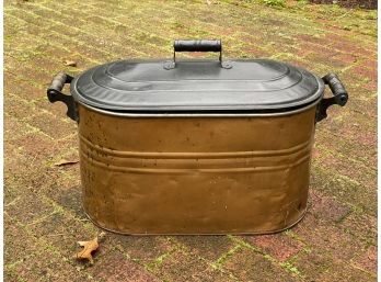 A Vintage Lidded Tub In Copper With Wooden Handles
