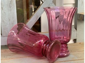 Vintage Cranberry Glass Vase: Pilgrim Pair